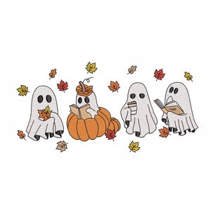 May include: Four white ghosts with autumn leaves around them. One ghost is reading a book, one is holding a cup, one is holding leaves, and one is sitting on a pumpkin.
