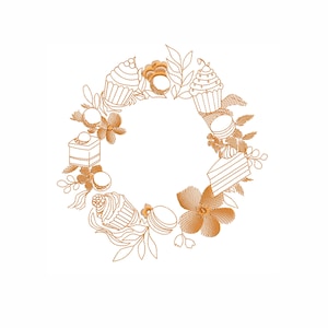 Peut inclure: Un motif de broderie en contour doré d'une couronne faite de cupcakes, de gâteaux, de macarons et de fleurs.