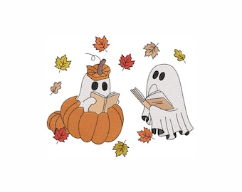 Diseño de bordado a máquina de fantasmas. 5 tamaños. Diseño de bordado de otoño. Diseño de bordado de Halloween. Diseño de bordado de fantasmas leyendo libros.