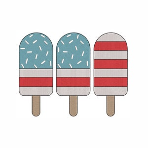 May include: Three popsicle-shaped ice cream treats with different designs. The first two have a blue base with white sprinkles and a red stripe. The third has a red and white striped design.