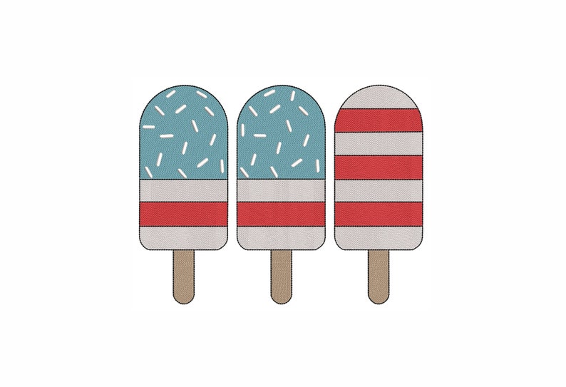 May include: Three popsicle-shaped ice cream treats with different designs. The first two have a blue base with white sprinkles and a red stripe. The third has a red and white striped design.