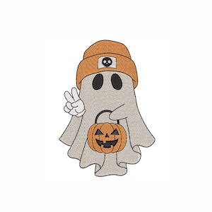 Ghost in a Hat Machine Embroidery Design. 4 Sizes. Ghost With a Pumpkin Embroidery Design. Halloween Ghost Embroidery Design.