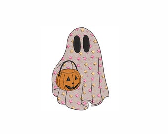 Spook met pompoen machine borduurwerk ontwerp. 3 maten. Spookachtig seizoen borduurwerk ontwerp. Halloween-borduurontwerp.