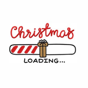 Puede incluir: Una barra de progreso a rayas rojas y blancas con un icono de caja de regalo y el texto "Christmas Loading..." encima.