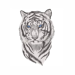 May include: A white tiger with blue eyes, illustrated in a black and white line drawing style.