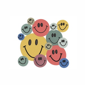 Puede incluir: Una colección de parches con caritas sonrientes de colores en varios tamaños. Los parches están hechos de tela y tienen un diseño cosido. Las caritas sonrientes son de diferentes colores, incluyendo amarillo, rojo, azul, verde y marrón.