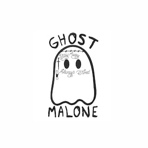 Może przedstawiać: Czarno-biała ilustracja ducha z tekstem "GHOST MALONE" i tatuażami na twarzy, które mówią "Stay Away", "Always Tired" i wzorem drutu kolczastego.