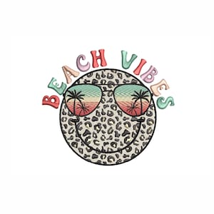 Beach Vibes Machine Embroidery Design. 3 Sizes. Leopard Smile Face Embroidery Design