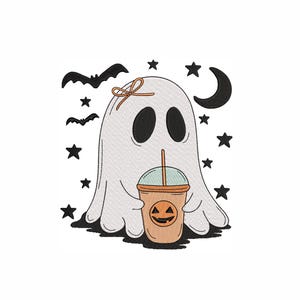 Ghost Machine Embroidery Design. 4 Sizes. Halloween Embroidery Design. Ghost With Coffee Embroidery Design. Digital Download.