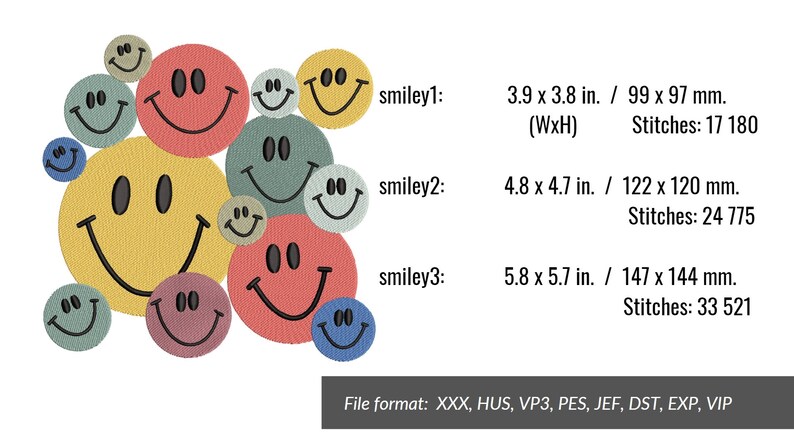 Smiley3 Multi-colored Smile Machine Embroidery Design. 3 Sizes. Multicolored ...