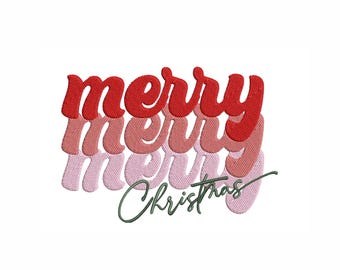 May include: A layered design of the word "merry" in red, pink, and light pink with a cursive "Christmas" underneath.