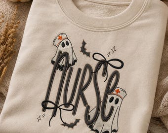 Nurse Halloween 4 Sizes Machine Embroidery Design, Ghost Nurse Embroidery File, Spooky Nurse Machine Embroidery, RN Halloween Embroidery.