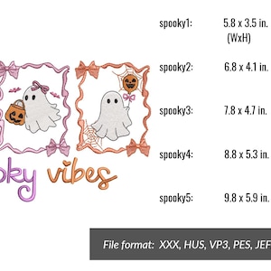 Halloween-Geister-Stickpaket mit gruseligen Vibes in 5 Größen. Niedliche Geisterrahmen mit Kürbis, Ballon und Tasche – digitale Stickdateien für Stickmaschinen. Bild 3