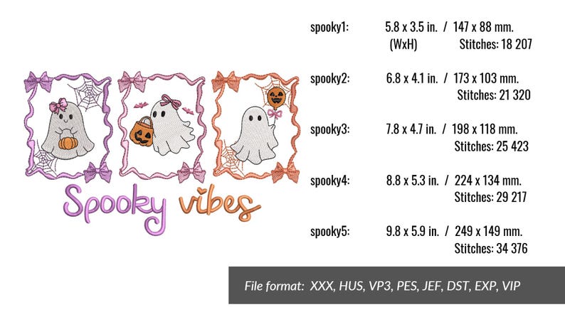 Halloween-Geister-Stickpaket mit gruseligen Vibes in 5 Größen. Niedliche Geisterrahmen mit Kürbis, Ballon und Tasche – digitale Stickdateien für Stickmaschinen. Bild 3