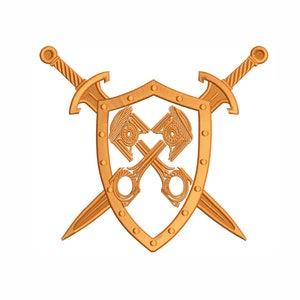 May include: A gold shield with two crossed swords and two crossed pistons inside. The shield is decorated with a border of small circles.