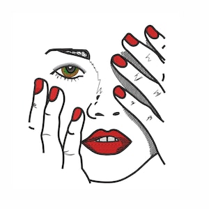 The Girl with Red Manicure Machine Embroidery Design. 5 Sizes. Girl Embroidery Design
