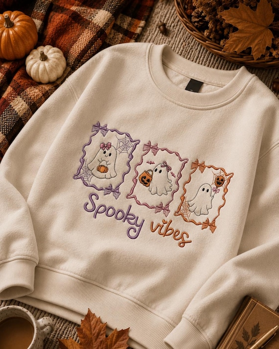Spooky Vibes Halloween Ghost Embroidery Bundle 5 Sizes. Cute Ghost Frames with Pumpkin, Balloon & Bag Digital Machine Embroidery Files.