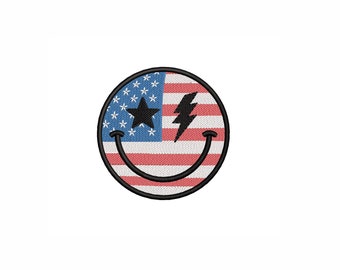 American Smile face Machine Embroidery Design. 4 Sizes. Retro Star lightning American Flag Smile Face Embroidery Design
