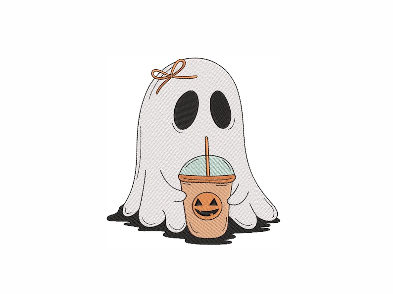 May include: A white ghost with a brown bow holding a brown and orange pumpkin-shaped cup with a straw.