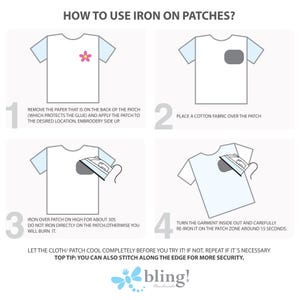 以下が含まれることがあります： アイロン接着パッチの貼り方に関するイラスト付きガイド。手順には、裏紙の取り外し、パッチの上に綿の布を置く、30秒間アイロンをかける、内側から再度アイロンをかけることが含まれます。テキストには「アイロン接着パッチの使い方」と「bling! Handmade」と書かれています。
