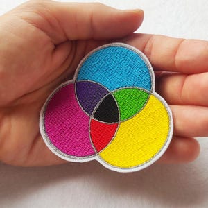 Peut inclure: Un écusson brodé composé de trois cercles superposés en cyan, magenta et jaune, créant des couleurs secondaires violette, verte et rouge, avec un centre noir. L'ensemble du motif est bordé d'un fin fil argenté aux reflets scintillants.