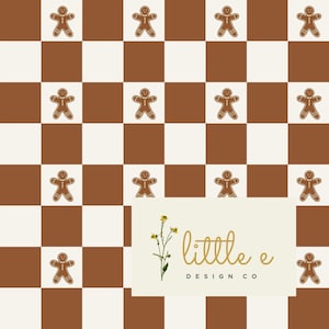 May include: A seamless pattern featuring gingerbread men on a brown and white chequered background. The pattern is repeated throughout the image. The text "little e DESIGN CO" is in the bottom right corner of the image.