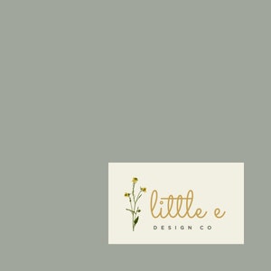 May include: A logo design featuring the words "little e DESIGN CO" in a gold script font. A botanical illustration of yellow flowers and green leaves is to the left of the text. The background is a muted green color.