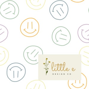 May include: A seamless pattern of colorful smiley faces with different expressions. The background is white. The pattern is repeated throughout the image. The text "little e DESIGN CO" is in the bottom right corner of the image.