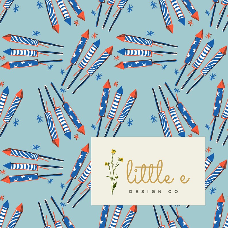 May include: A seamless pattern featuring red, white, and blue fireworks on a light blue background. The fireworks are drawn in a whimsical style and are scattered randomly across the background. The pattern is perfect for use in a variety of projects, such as fabric, wallpaper, and wrapping paper.
