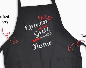 Tablier brodé personnalisé « Queen of the Grill » avec poches et ouvre-bouteille, cadeaux pour tablier de grillade pour femme Chef cuisinier amateur, barbecue, barbecue