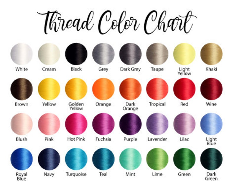 May include: Thread color chart with 36 different colors of thread, including white, cream, black, grey, dark grey, taupe, light yellow, khaki, brown, yellow, golden yellow, orange, dark orange, tropical, red, wine, blush, pink, hot pink, fuchsia, purple, lavender, lilac, light blue, royal blue, navy, turquoise, teal, mint, lime, green, and dark green.