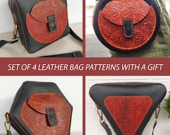 Set of 4 Birthday/Anniversary Gift Floral Leather Bag Patterns, Geometric Leather Patterns Bundle, Leather Template, Leather Bag Pattern