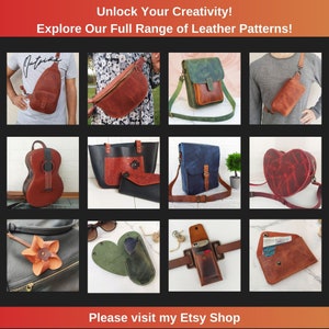 May include: A collection of leather goods, including bags, purses, wallets, and phone cases. The items are made in a variety of colors and styles, including brown, red, green, and blue. The image also includes the text "Unlock Your Creativity! Explore Our Full Range of Leather Patterns!" and "Please visit my Etsy Shop".