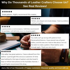 May include: A collage of customer reviews for leather crafting patterns. The reviews highlight the quality and ease of use of the patterns. The text includes phrases like "great pattern", "highly recommend", "simple design", "easy to follow instructions", and "discover quality and trust".