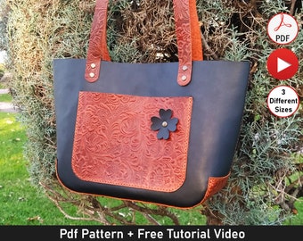 Modèle de sac fourre-tout en cuir avec poches, modèle de sac fourre-tout en cuir Pdf avec ornement de sac, modèle de sac en cuir, patron de couture, modèle en cuir