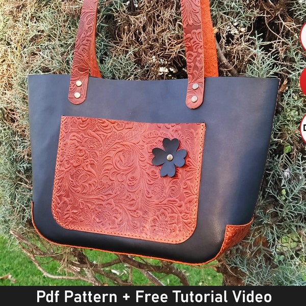 Leather Tote Bag Pattern with Pockets, Leather Tote Pattern Pdf with Bag Ornament, Leather Bag Pattern, Sewing Pattern, Leather Template