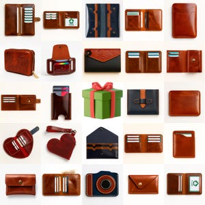 May include: A collection of various leather wallets in different styles and colors. The wallets include bifold, trifold, and cardholder designs, with features like card slots, coin pouches, and decorative stitching. The color palette ranges from brown and tan to black and navy.