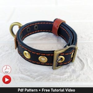 Könnte beinhalten: Ein schwarzes Lederhundekragen mit braunen Ledereinsätzen und Messingbeschlägen. Das Halsband hat einen D-Ring und einen Schnallenverschluss. Das Halsband ist mit orangefarbenem Garn genäht.