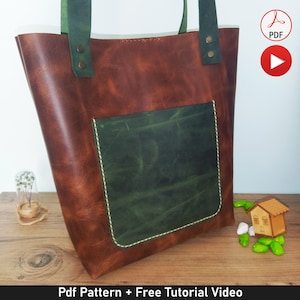 May include: Brown leather tote bag with a green leather pocket and a white stitch detail.  Pdf Pattern + Free Tutorial Video.