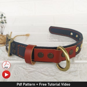May include: A red and black leather dog collar with brass hardware and a D-ring. The collar has a stitched design and is shown on a white tiled surface.  Pdf Pattern + Free Tutorial Video