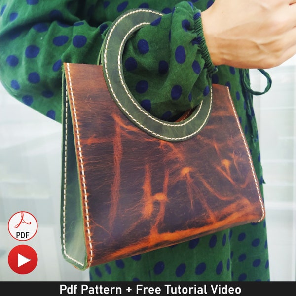 Women Leather Handbag Pattern with Circle Handle, Small Leather Purse Pdf Pattern, Handbag diy, Bag Making Patterns, Leather Work Patterns