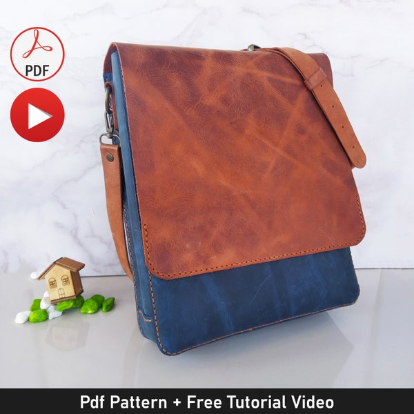 Modèle de sac messager vertical en cuir avec poche à fermeture éclair, modèle de sac cartable en cuir simple, modèle utile en cuir PDF, modèle en cuir