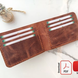 Patrón en PDF de billetera clásica de cuero plegable con 6 ranuras para tarjetas de crédito, formato A4 + carta + tutorial en video