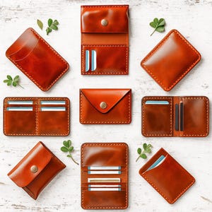 以下が含まれることがあります： 茶色の革製の財布とカードケースのコレクション。さまざまなスタイルの財布があり、ボタン留めとステッチが施されています。革は光沢のある仕上がりです。サイズは利用できません。