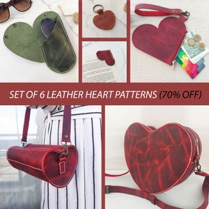 Conjunto de 6 patrones de corazones de cuero para regalo de aniversario o cumpleaños, paquete de patrones de cuero, plantilla de cuero, patrón de bolso de cuero, patrón de billetera