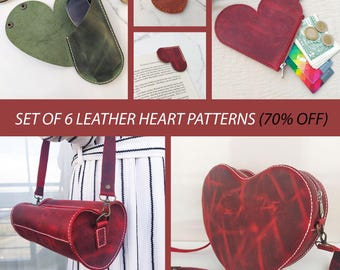 Set of 6 Valentines Day Gift Leather Heart Patterns, Leather Patterns Bundle, Leather Template, Leather Bag Pattern, Wallet Pattern