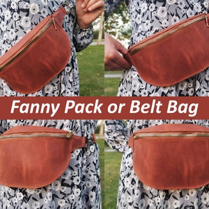 Pode incluir: Uma pochete ou bolsa de cinto de couro marrom com um z&iacute;per dourado. A bolsa &eacute; usada na cintura de uma pessoa que usa um vestido floral.