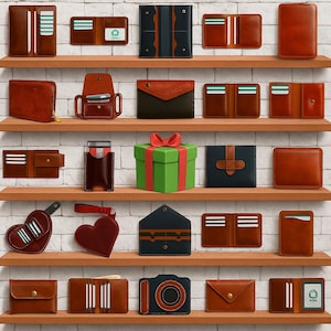 Puede incluir: Una colección de carteras y accesorios de cuero en varios estilos y colores, exhibidos en estantes de madera contra una pared de ladrillos blancos. Las carteras incluyen billeteras plegables, tarjeteros y una cartera con cremallera. También hay una caja de regalo verde con un lazo rojo.