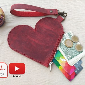 Patrón en PDF de bolso de mano en forma de corazón en cuero con cremallera para regalo de cumpleaños o aniversario, plantilla de billetera tipo sobre, patrón en PDF de monedero