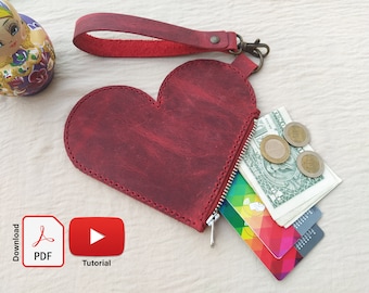 Mini pochette en cuir en forme de coeur avec motif PDF de fermeture à glissière, modèle de pochette, modèle de pochette pour pièce de monnaie en PDF